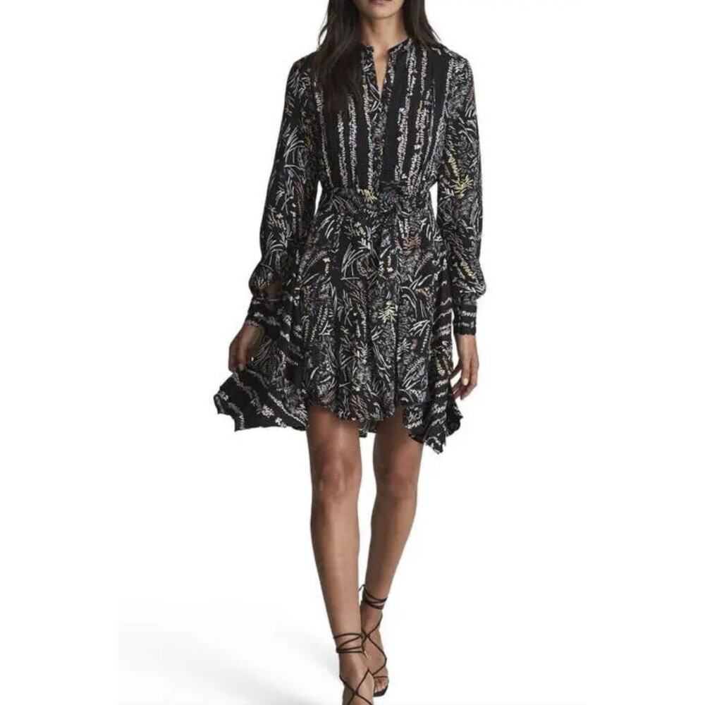 Reiss Lola Dress Womens 6 Black Abstract Pleated Belted Flippy